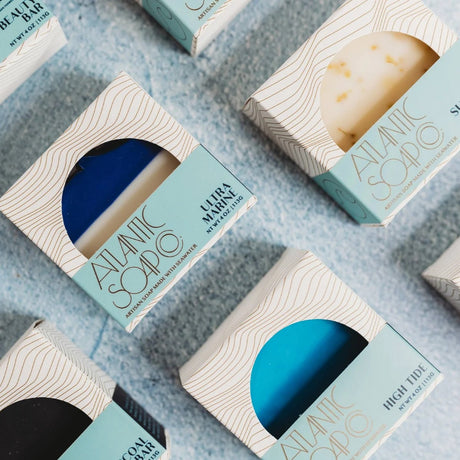 an array of square soap boxes with a range of atlantic soap co soaps