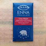royal blue chocolate bar package with red label for the Ursa Major Bar featuring the Ursa Major constellation, surrounded by a bear silhouette, shining stars, and five raspberries