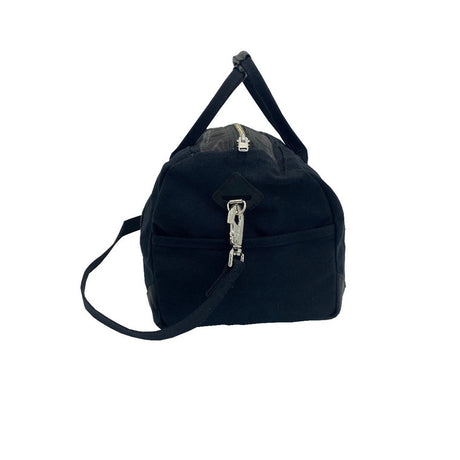 a side view of the black weekender bag