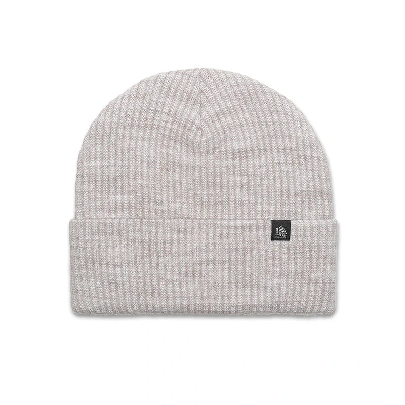 A light gray and white heathered ribbed knit beanie hat with a small black square logo patch on the front cuff, shown against a plain white background.