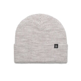 A light gray and white heathered ribbed knit beanie hat with a small black square logo patch on the front cuff, shown against a plain white background.
