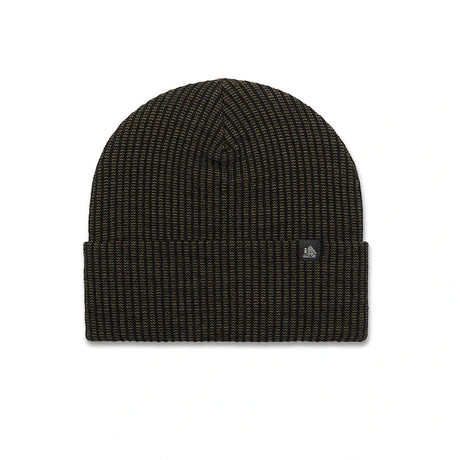 A dark olive green ribbed knit beanie hat with a small black brand patch on the side, shown against a plain white background.