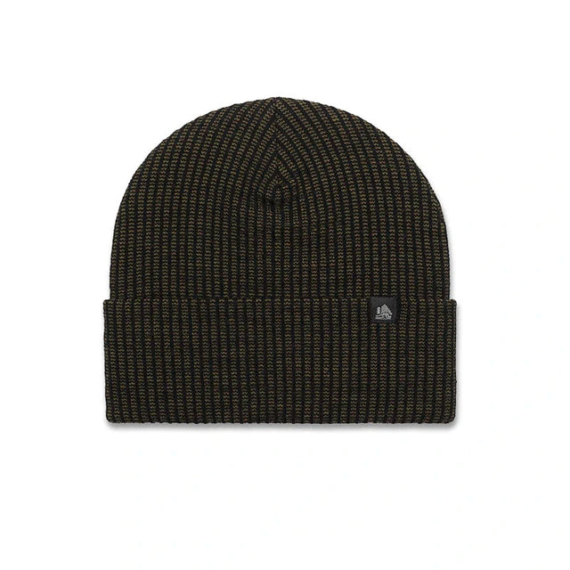 A dark olive green ribbed knit beanie hat with a small black brand patch on the side, shown against a plain white background.
