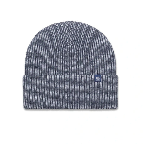 A navy blue and white heathered knit beanie hat with a folded cuff and a small navy logo patch on the side, shown against a plain white background.