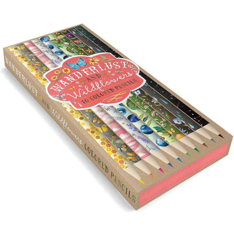 Box of Wanderlust and Wildflowers colored pencils with illustrations on a white background
