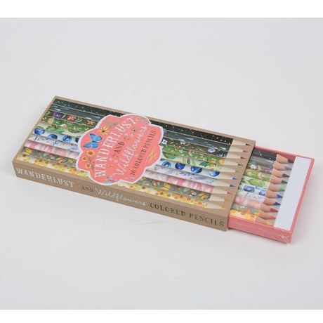 Box of colored pencils with a colorful design on a white background