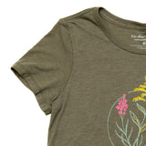 Green t-shirt with floral design on a white background