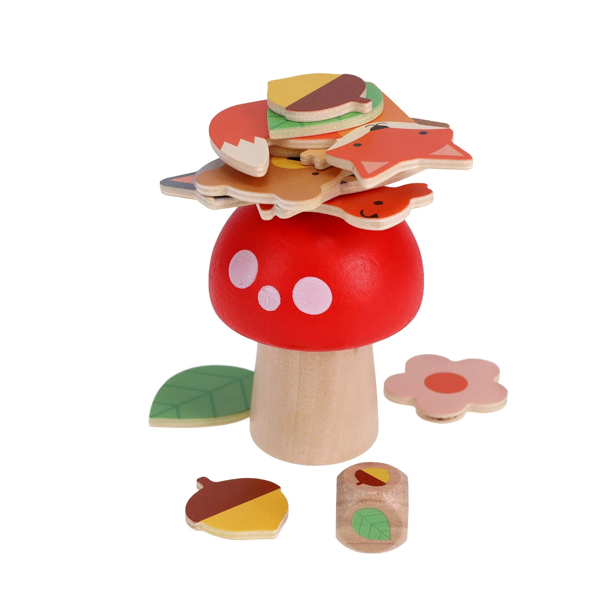 Wooden toy stacker with colorful shapes on a white background