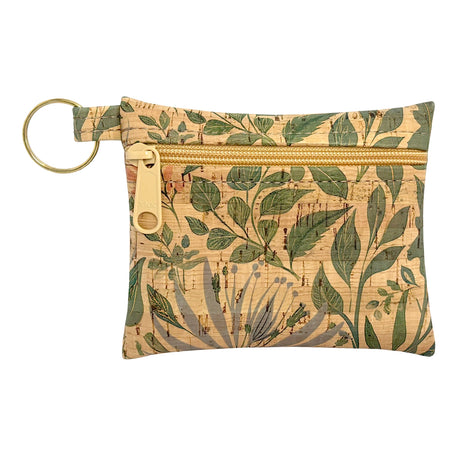 Small pouch with leaf pattern and gold zipper on a white background