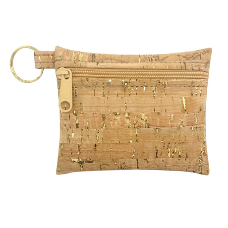 Cork pouch with gold accents and a key ring on a white background