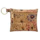 Floral patterned cork pouch with a key ring on a white background