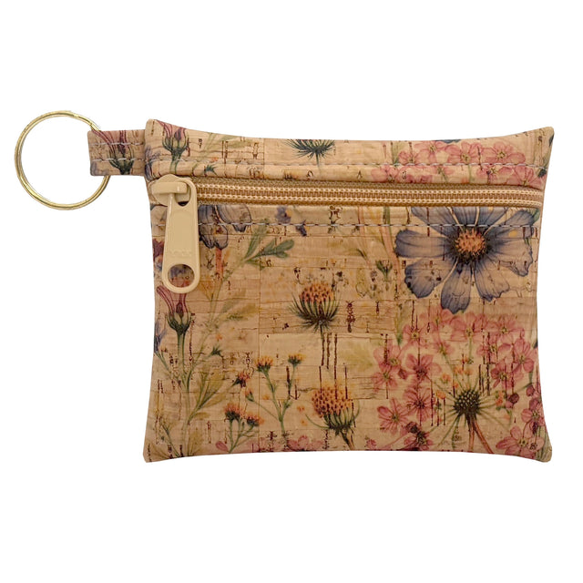 Floral patterned cork pouch with a key ring on a white background