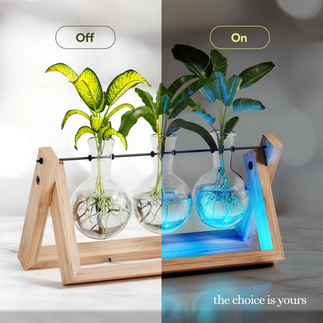 the air planter shown half in daylight with the lights off, and in the dark with the LED lights on showing the difference between the lights on and off