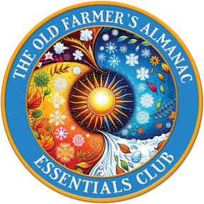 Circular logo for The Old Farmer's Almanac Essentials Club with a stylized sun and seasons design.