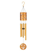 a yellow metallic wind chime with bee pattern engraved on the cylinder and on a disk hanging below the chimes