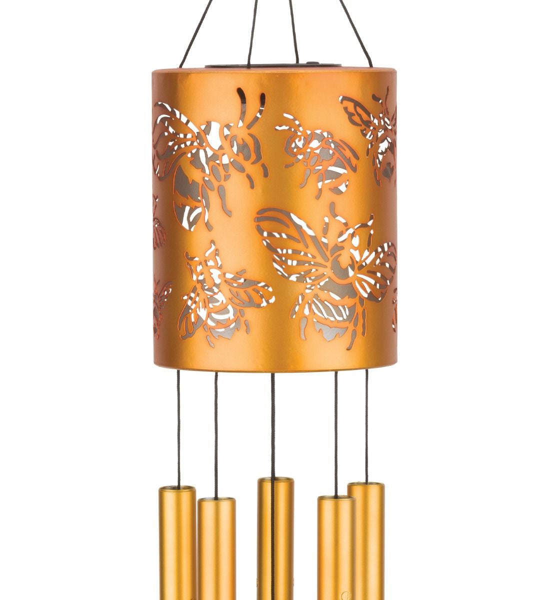 close up view of the chime cylinder with bee engravings and chimes hanging below