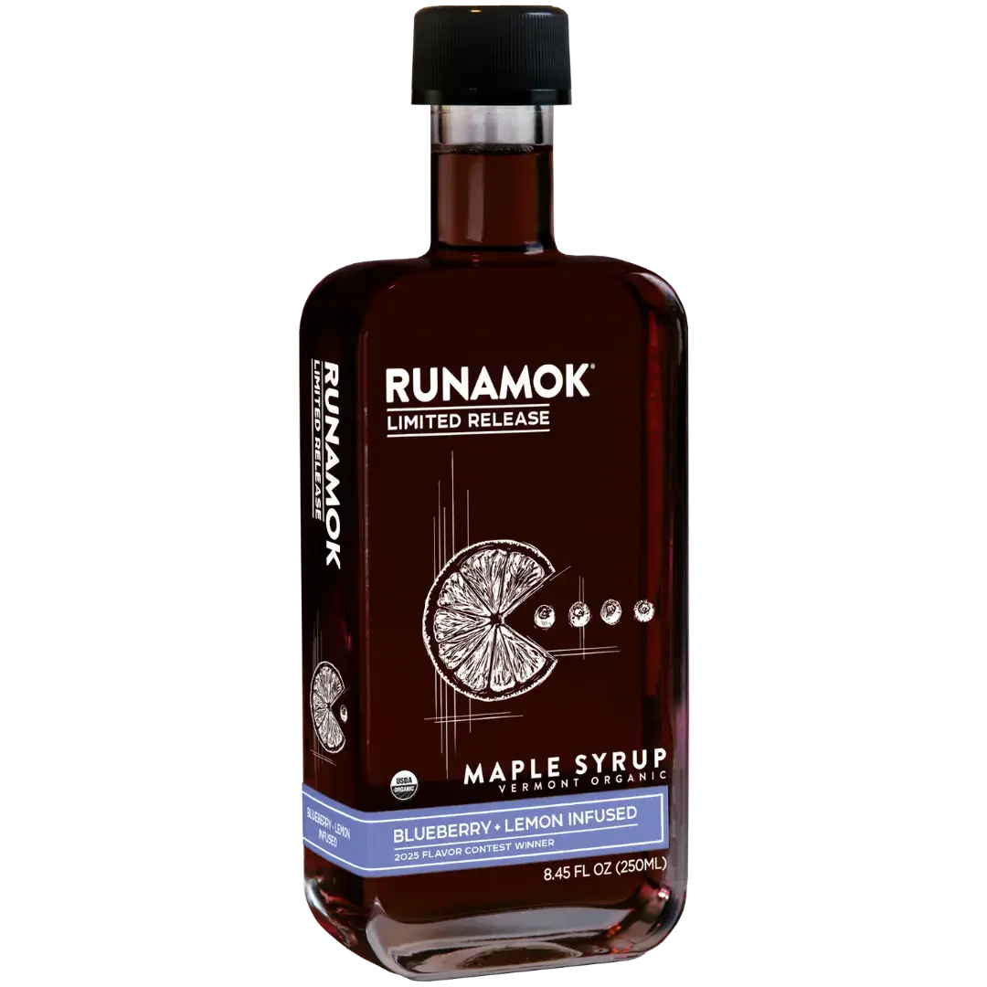 Bottle of Runamok maple syrup with blueberry and lemon infusion on a white background