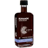 Bottle of Runamok maple syrup with blueberry and lemon infusion on a white background