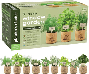 the 9 Herb Window Garden Kit package with 9 burlap planters below it with the herbs from the kit all fully grown to show the end product of the gardening kit