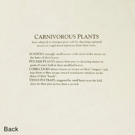 Back of tee design - Text description of carnivorous plants on a beige background