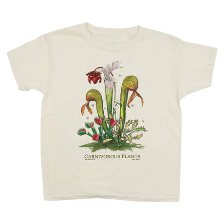 Beige t-shirt with carnivorous plants graphic on a white background