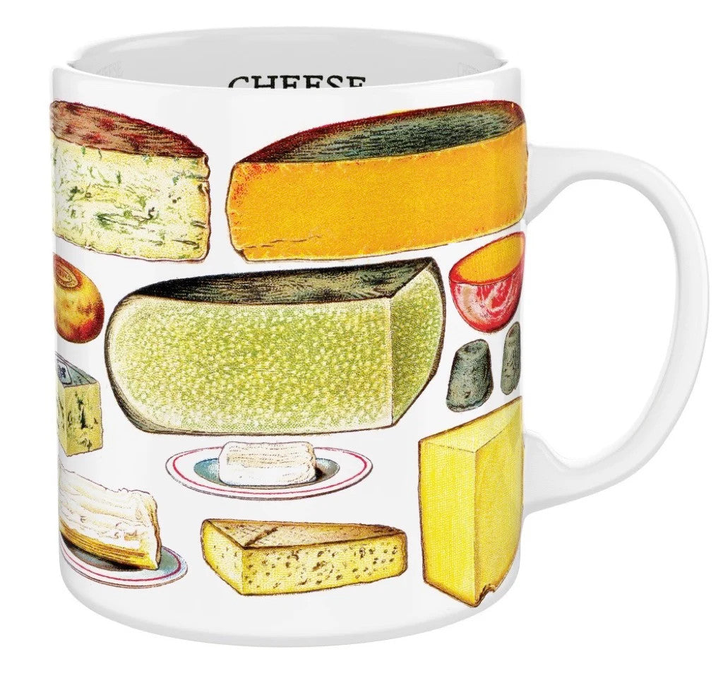 White coffee mug with vintage illustrations of various types of cheese