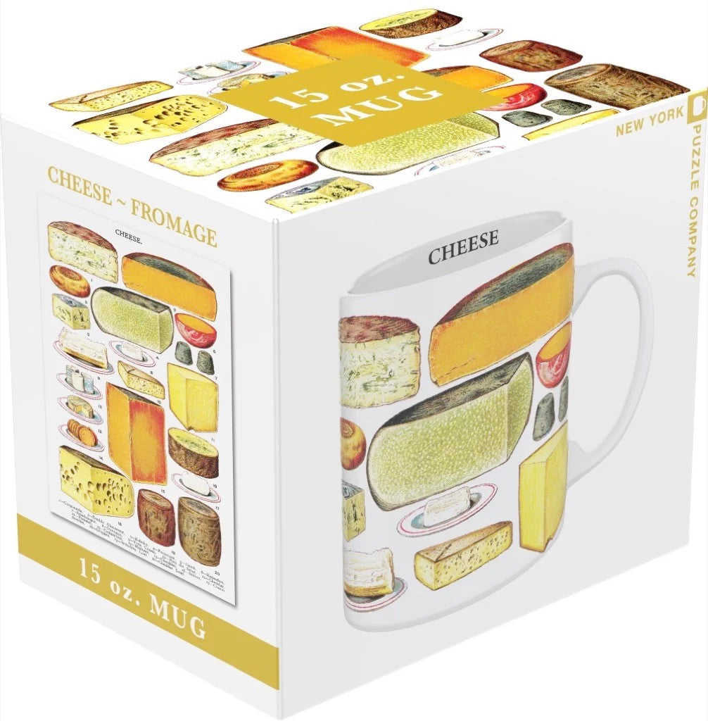 Gift boxed white coffee mug with vintage illustrations of various types of cheese