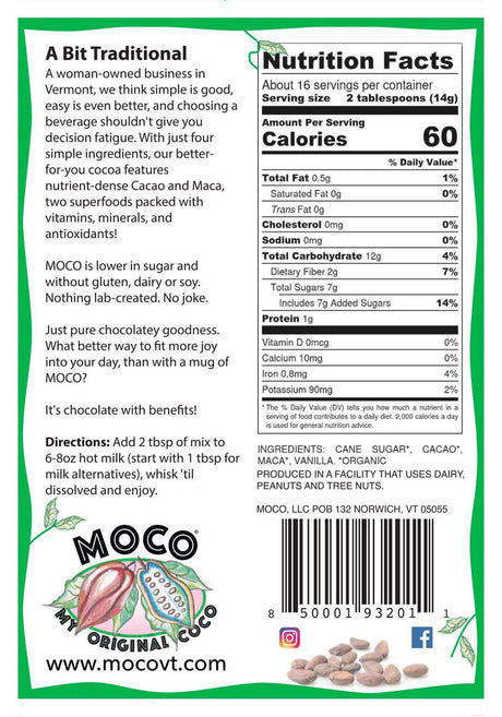 the back of the cocoa package showing ingredients, nutrition facts, and preparation instructions
