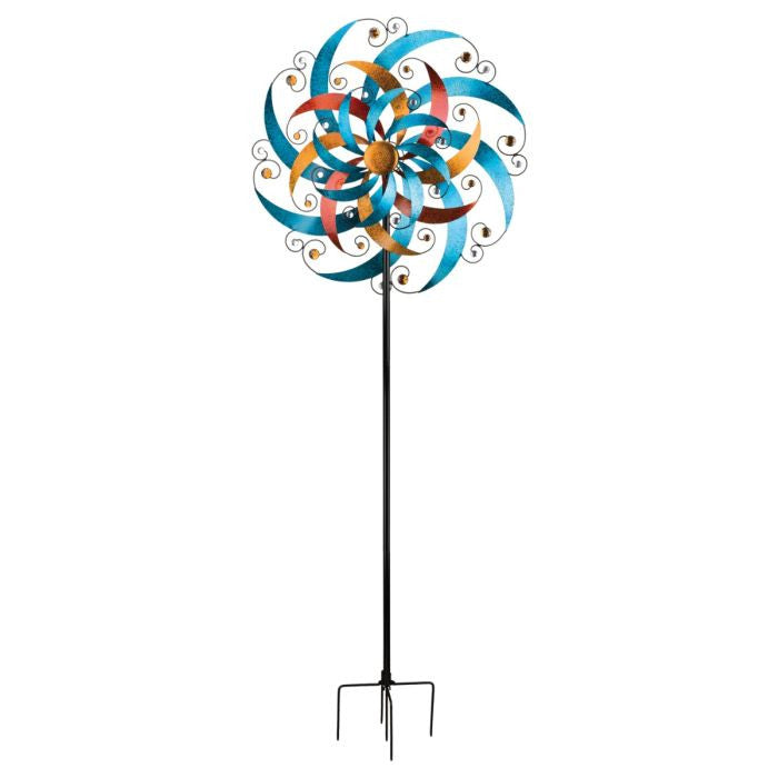 A full length image of the 32" Triple Wind Spinner Crescent featuring colorful crescent-shaped blades with swirl rods and faceted acrylic gems, creating a vibrant spinning display