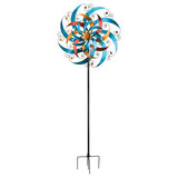 A full length image of the 32" Triple Wind Spinner Crescent featuring colorful crescent-shaped blades with swirl rods and faceted acrylic gems, creating a vibrant spinning display