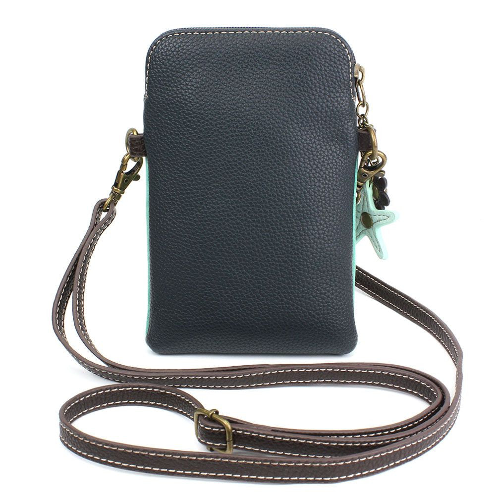 the back of the crossbody bag with solid brown faux leather