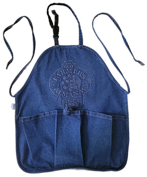 a denim gathering apron with deeply embossed Old Farmer's Almanac logo and large gathering pocket