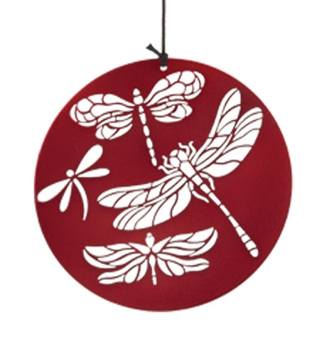 bottom piece of the chime - round, red metallic and adorned with dragonflies