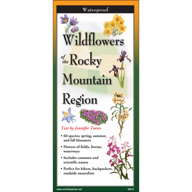 The cover image of Wildflowers of the rocky Mountain Region folding guide featuring a selection of illustrations of wildflowers against a map of the Mid-Atlantic US states