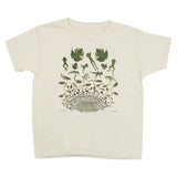 Beige t-shirt with illustrations of a frog's life cycle on a white background