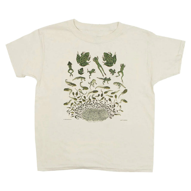 Beige t-shirt with illustrations of a frog's life cycle on a white background