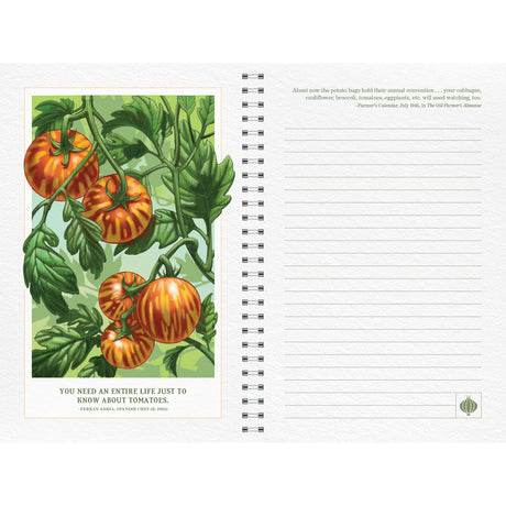 Spiral-bound notebook with tomato illustration and text on a white background