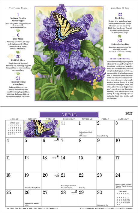 A printed calendar page showing April 2027 with a large butterfly-and-purple-flower illustration across the top and daily event text columns, plus a smaller matching illustration on the calendar grid.