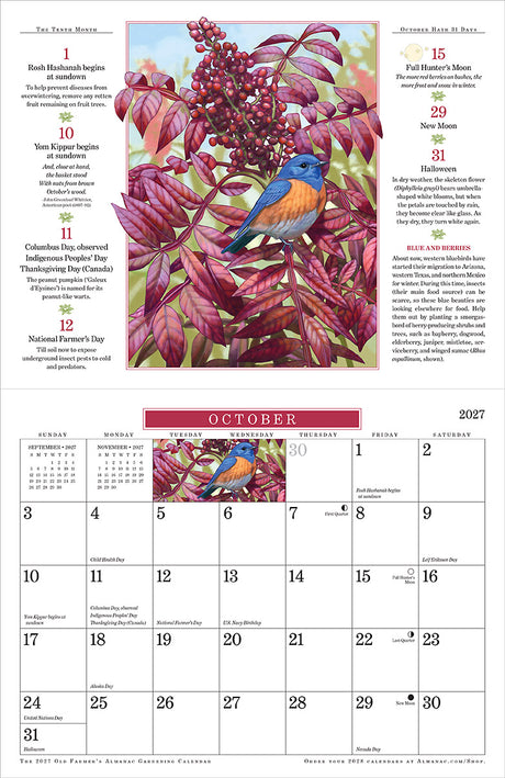 A printed calendar page featuring a large central botanical illustration of pink-purple flowers and a blue-and-orange bird, with surrounding text columns and an October 2027 calendar grid below.