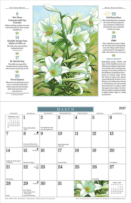 A printed calendar page showing a March 2027 calendar grid below a large floral illustration of white lilies with green leaves and stems. The top section includes liturgical text and dates for Saint Patrick's Day and surrounding days.