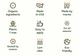 a graphic with product highlights: organic ingredients, made in USA, made by worms, plants 1 tree, easy to apply, for all seasons, backed by science, low odor, eco-friendly,