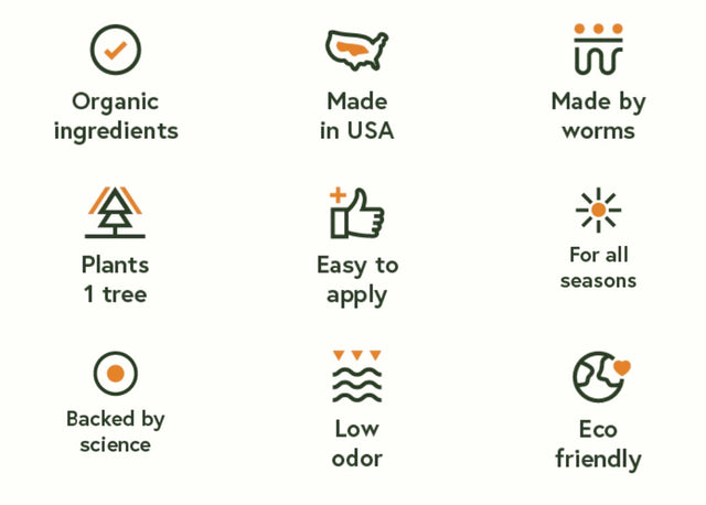 a graphic with product highlights: organic ingredients, made in USA, made by worms, plants 1 tree, easy to apply, for all seasons, backed by science, low odor, eco-friendly,