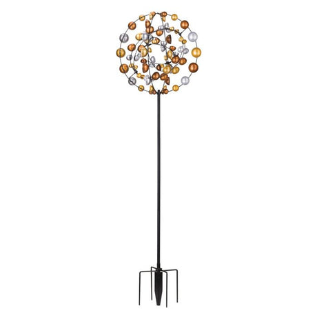 The 7-foot Gyroscope Wind Spinner featuring six concentric bands of shiny metallic wind cups, creating a dynamic and mesmerizing visual effect