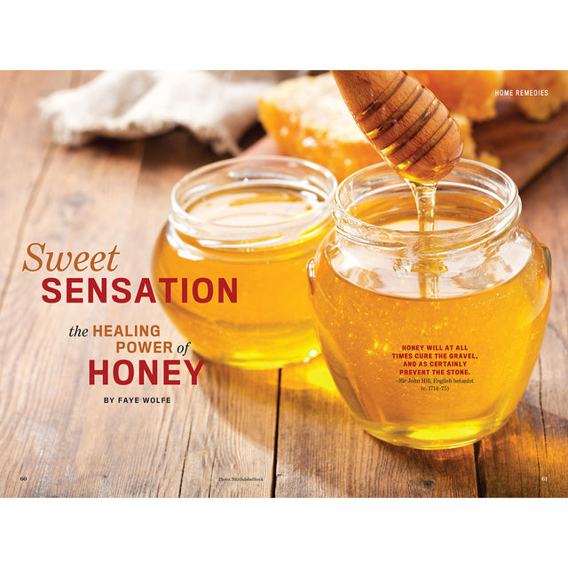 Honey being poured into jars with a wooden honey dipper on a wooden surface, accompanied by text about the healing power of honey.
