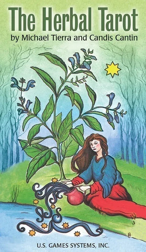 cover image for the Herbal Tarot deck featuring herbs and esoteric symbols