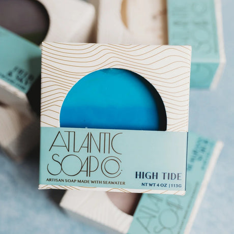 the high tide bar soap in its square package with Atlantic Soap Co package