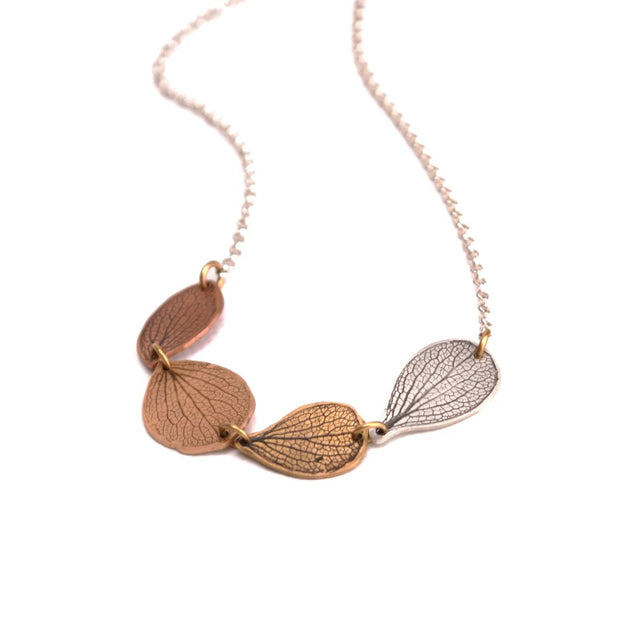 Necklace with hydrangea petal pendants on a white background