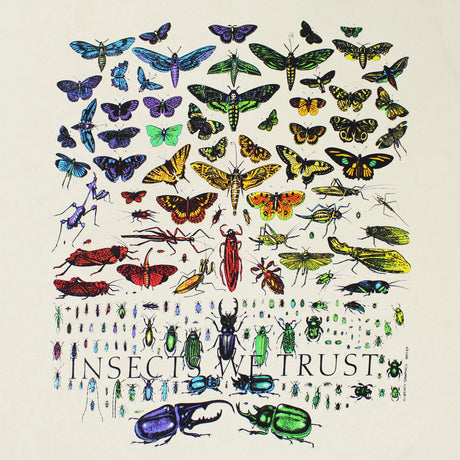 Colorful illustrations of many insects ranging in size and color against an off-white background with the text "Insects we Trust"
