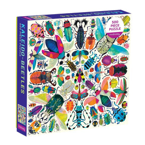 Jigsaw puzzle box with colorful beetle illustrations on a white background