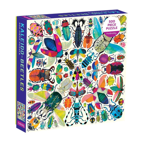 Jigsaw puzzle box with colorful beetle illustrations on a white background